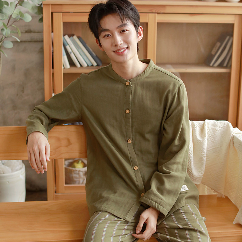 秋冬新款情侣纯棉睡衣男款三层纱棉长袖家居服套装女睡衣全棉条纹,淘宝优惠券,粉丝福利购,淘宝优惠卷