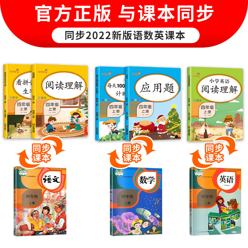 四年级上册语文数学英语同步专项训练全套人教版 小学语数英教材课本配套教辅 应用题强化口算题天天练阅读理解训练题看拼音写词语