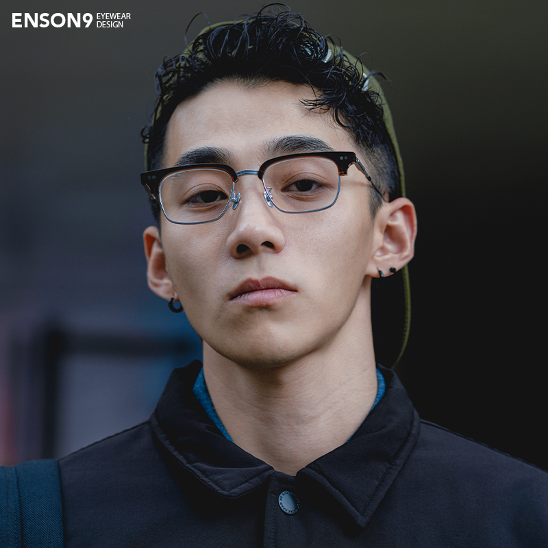 enson9日系高级板材金属半框平光镜潮男 复古个性可配近视眼镜架 - 图1