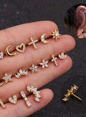 Labret Piercing Ear Ring Steel Stud Crystal Gem Flat Back