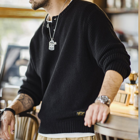 Madden Workwear American Retro Black Knitted Henley Shirt