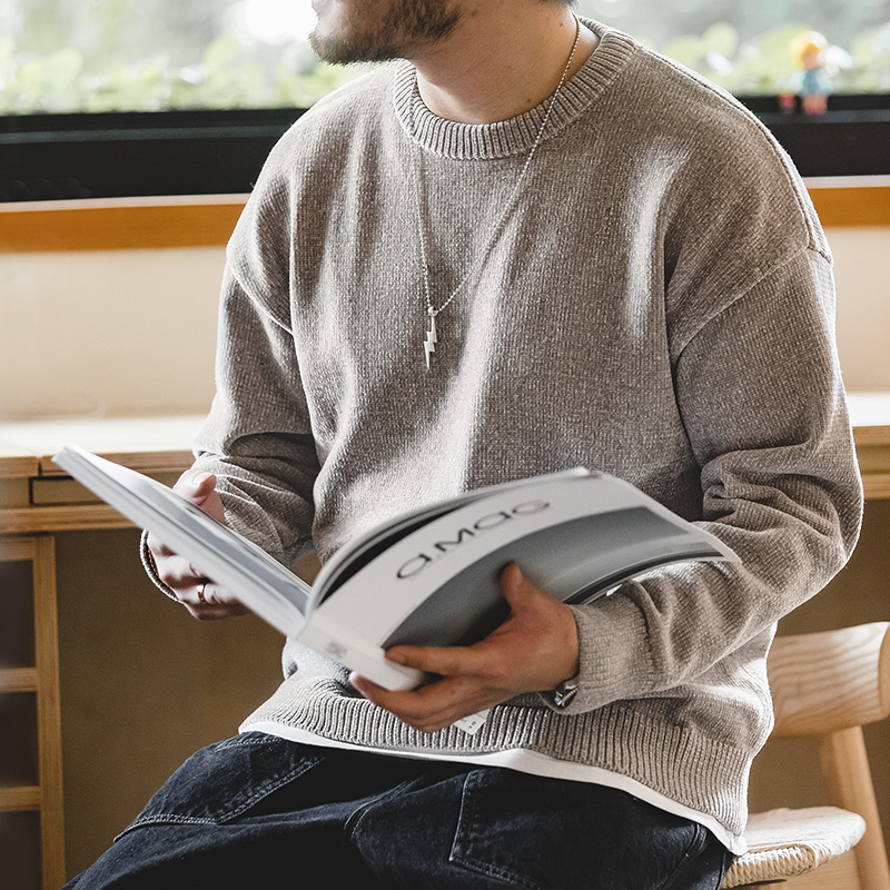 马登工装 美式复古雪尼尔圆领毛衣保暖慵懒内搭打底针织衫男秋 - 图3