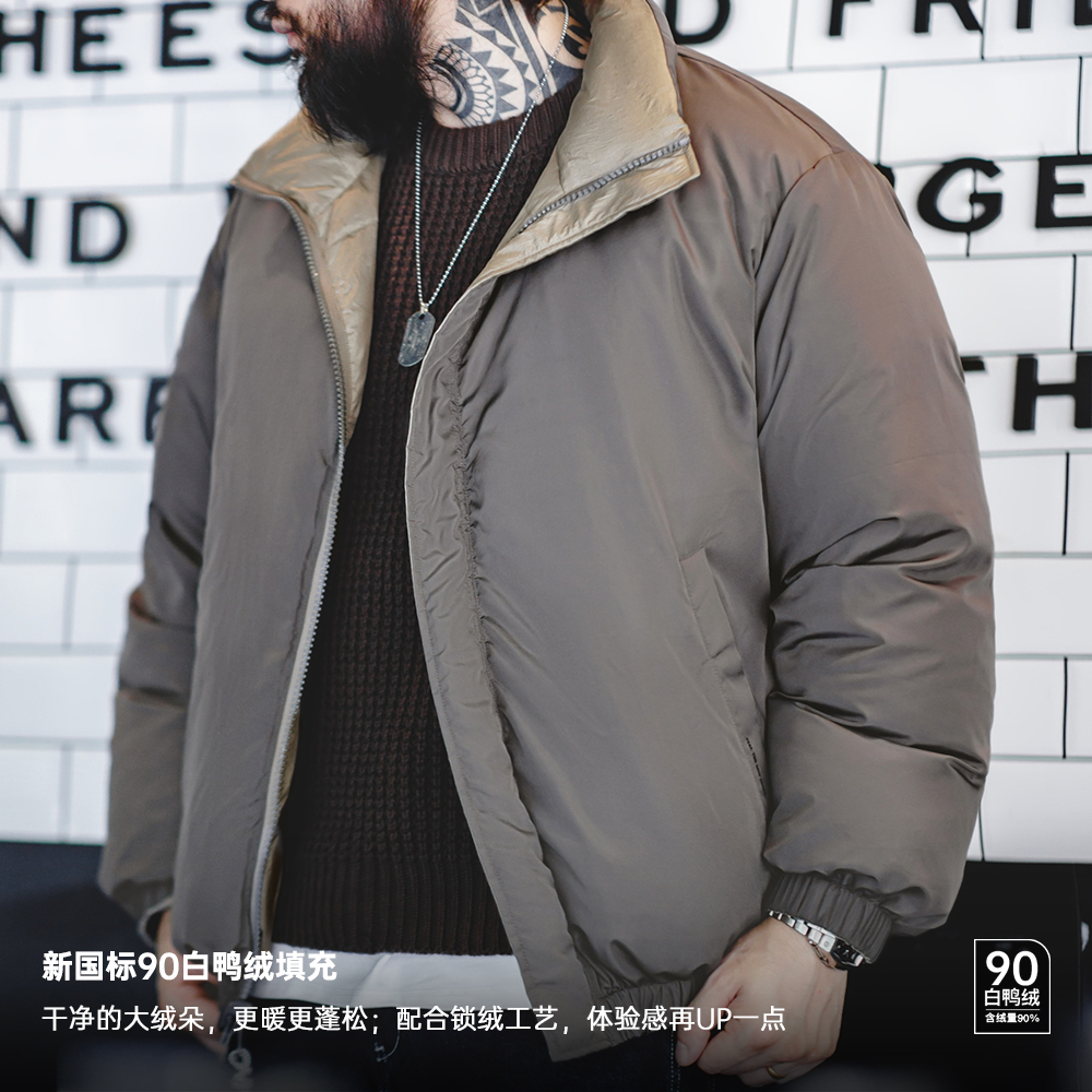 马登工装美式双面穿绗缝羽绒服白鸭绒百搭立领保暖面包服外套男冬 - 图3