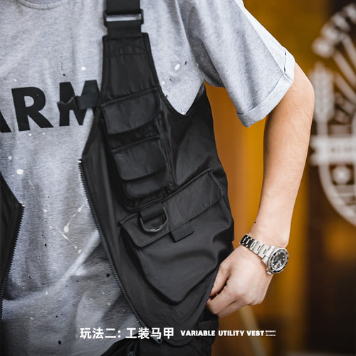 马登工装美式复古多口袋机能风马甲无袖坎肩背心两用挎包外套男秋 - 图1