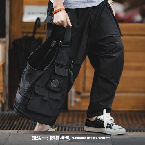 马登工装美式复古多口袋机能风马甲无袖坎肩背心两用挎包外套男秋 - 图0
