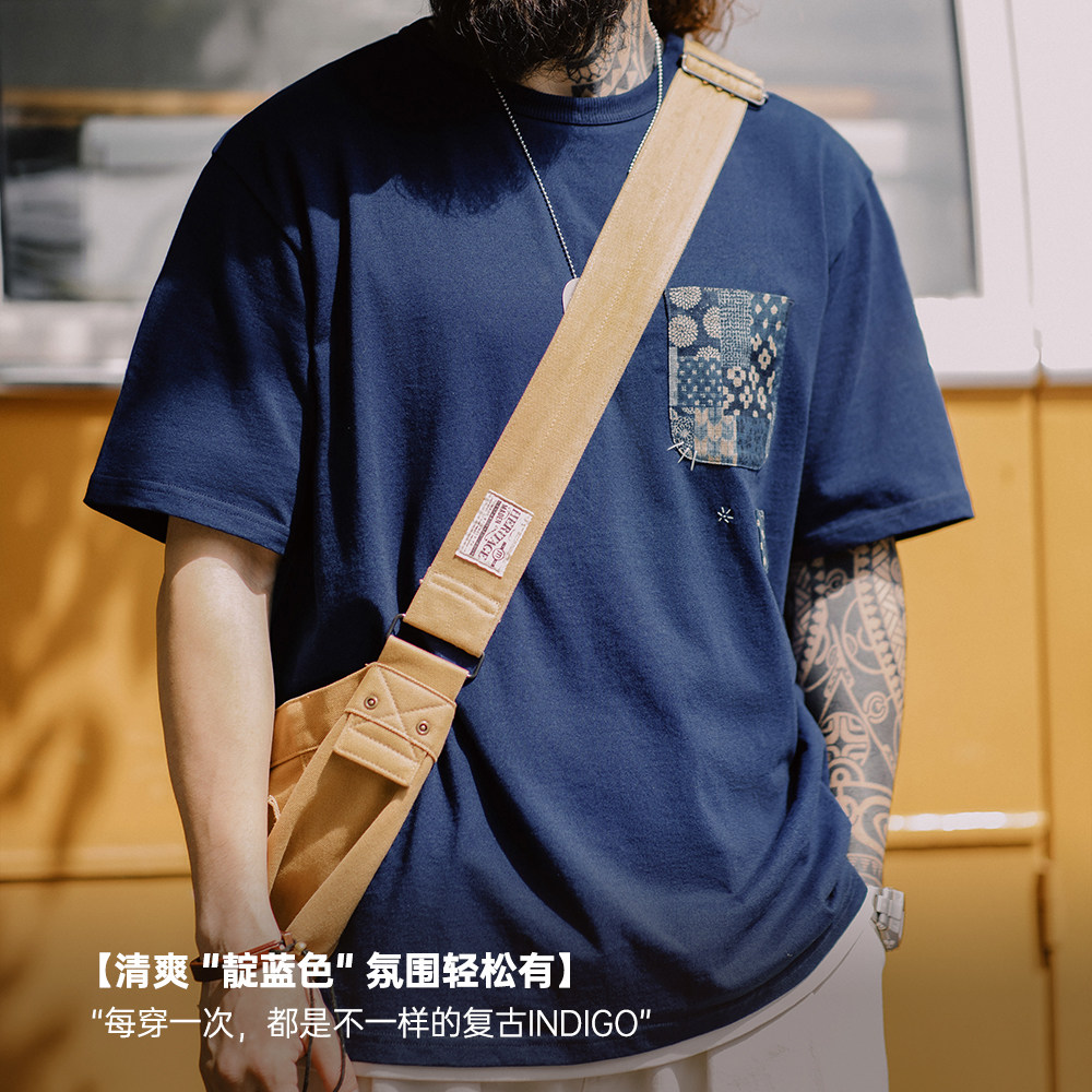 马登工装 植物蓝染古布拼接口袋T恤美式复古indigo纯棉上衣男夏季,淘宝优惠券,粉丝福利购,淘宝优惠卷
