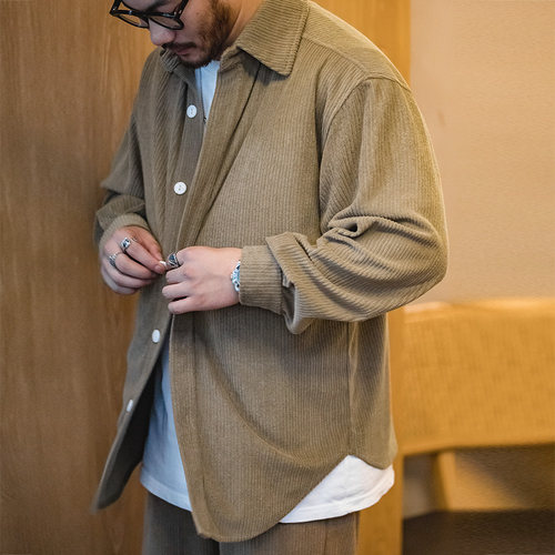 马登工装美式复古提花针织深灰色衬衫长袖条绒外套衬衣落肩袖男秋 - 图3
