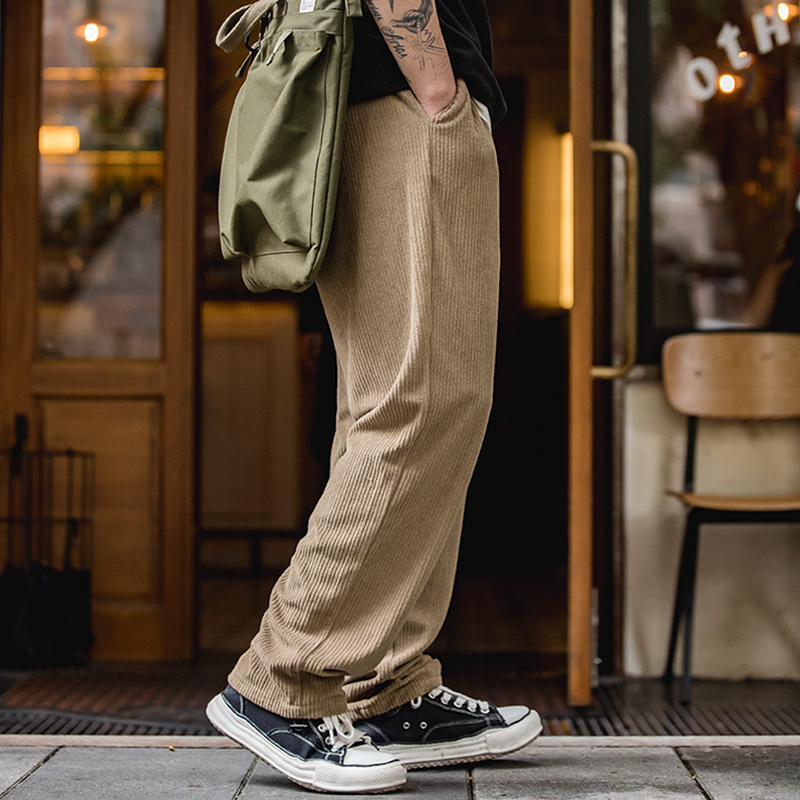 马登工装美式复古针织深灰松紧腰卫裤抽绳运动直筒阔腿长裤子男秋 - 图3