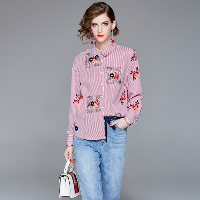 欧版长袖花朵刺绣衬衫春秋季粉红色时尚洋气条纹纯棉衬衣女装 - 图1