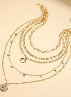 欧美跨境项饰 时尚多层镀金月亮吊坠项链 波西米亚风5层项链首饰