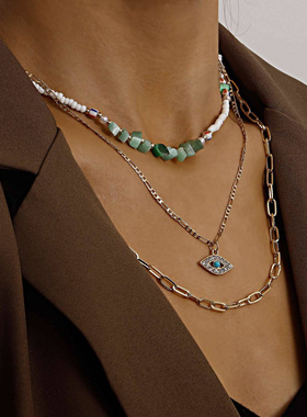 欧美跨境饰品潮流多层白色米珠绿