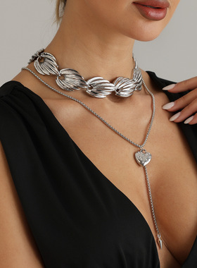 欧美跨境饰品纹理树叶镶钻爱心项