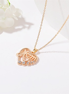 欧美饰品 个性镶钻妈妈mom心形镶钻项链 母亲节礼物爱心字母项链