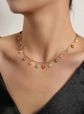 欧美跨境饰品直管手工链条花朵项