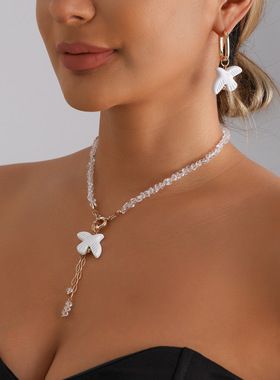 欧美跨境饰品纯白飞鸟串珠流苏项