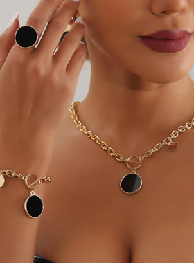 欧美跨境饰品甜酷辣妹黑色圆形仿