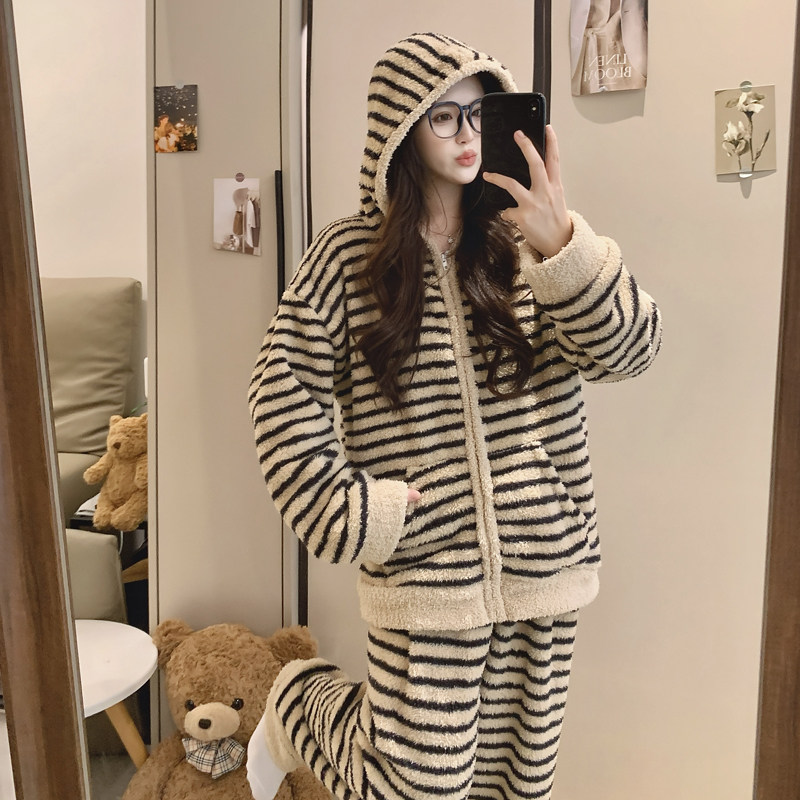 半边绒睡衣女款冬季长袖套装2025新款加厚保暖韩版条纹连帽家居服,淘宝优惠券,粉丝福利购,淘宝优惠卷