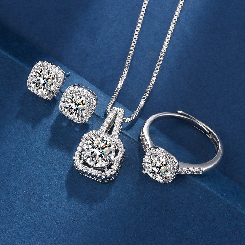 Square package three-piece set of eight hearts and eight arrows zircon jewelry rings, earrings, pendants, versatile fashion niche design set