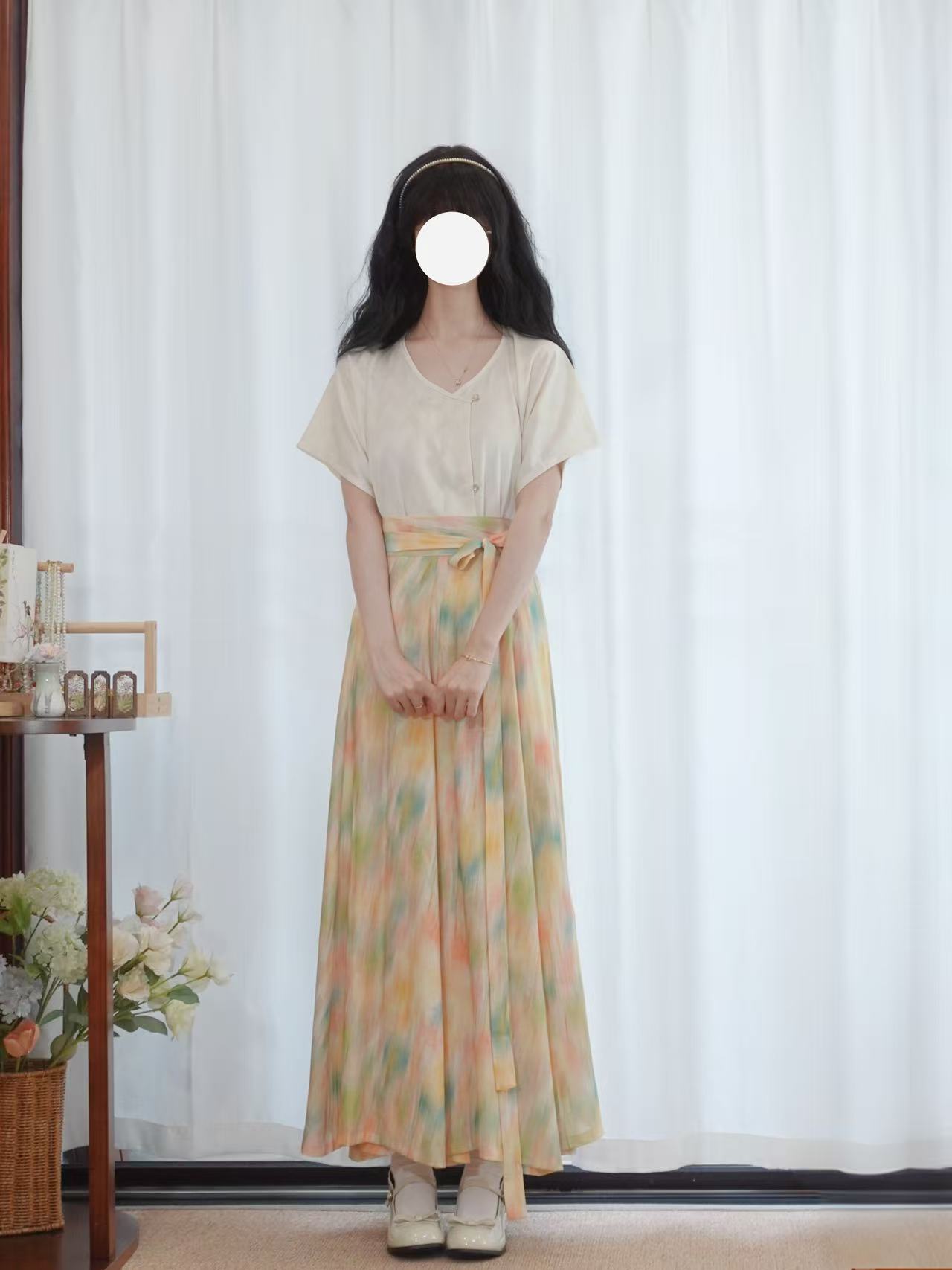 【敦煌】画堂春唐制日常汉服圆领垂领长袖短袖半身裙女十破裙套装 - 图2