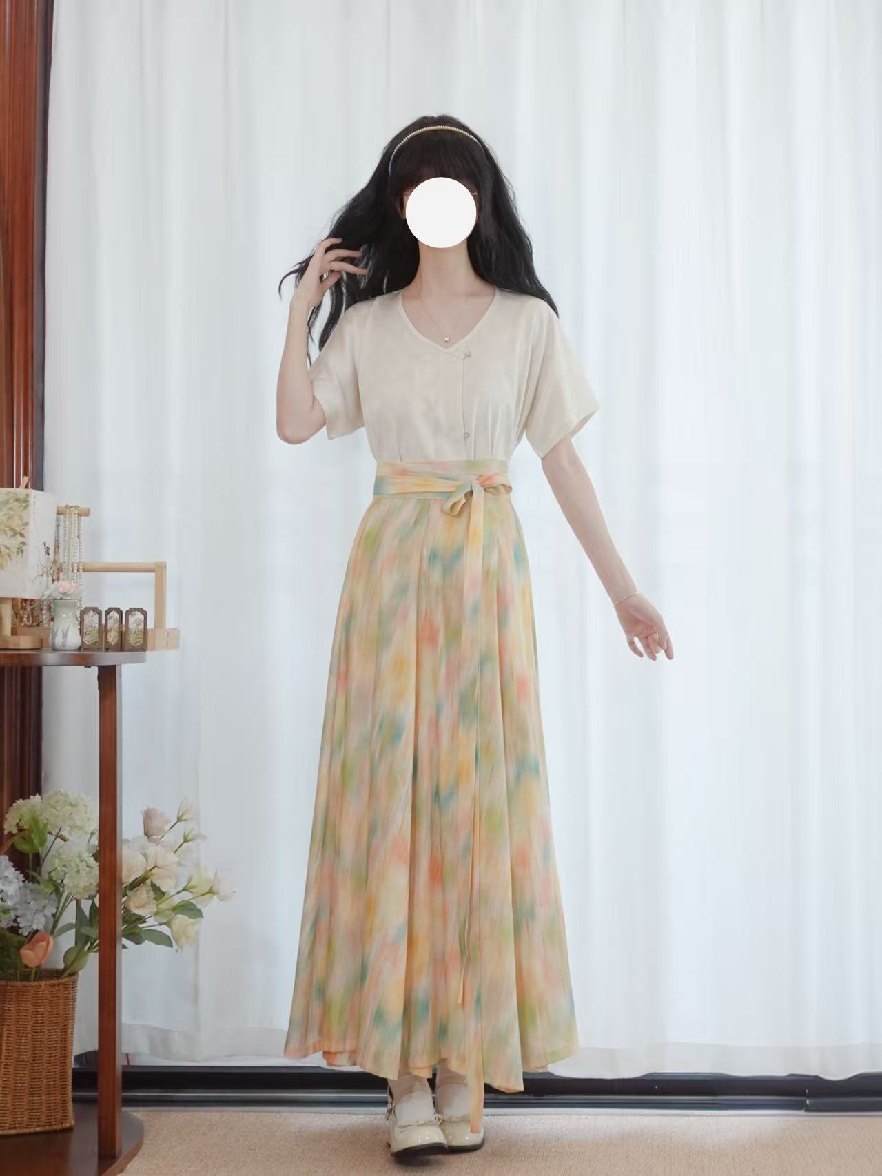 【敦煌】画堂春唐制日常汉服圆领垂领长袖短袖半身裙女十破裙套装 - 图1