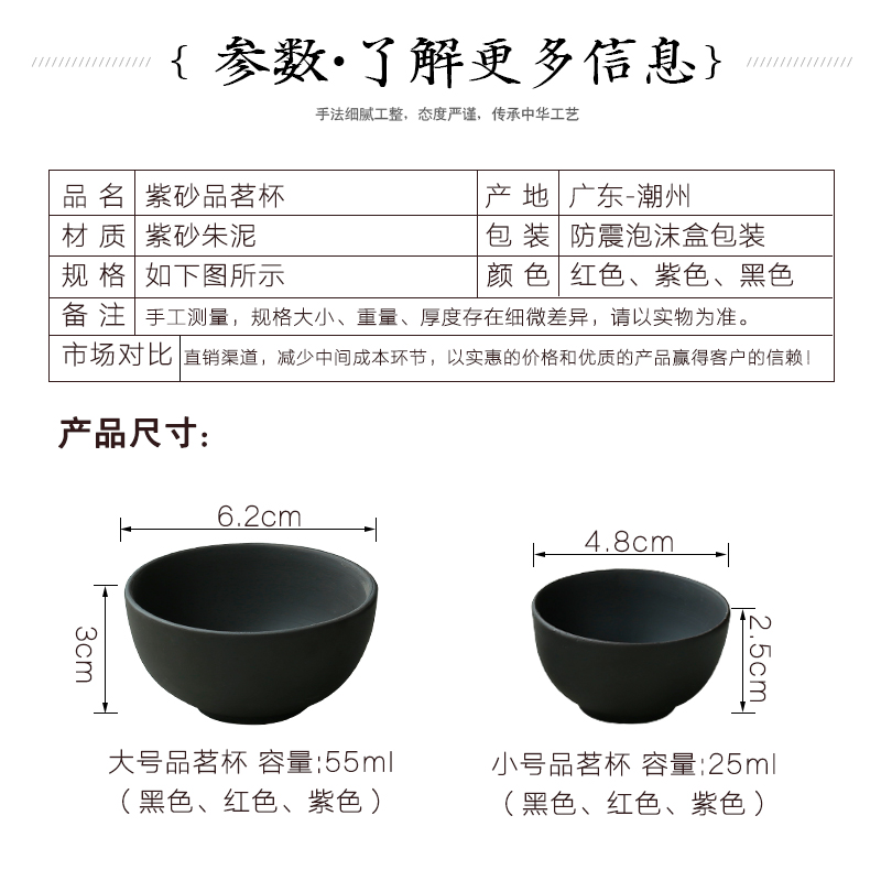 宜兴紫砂杯品茗功夫陶瓷杯大小号主人杯茶碗茶具套装直口杯子包邮 - 图1