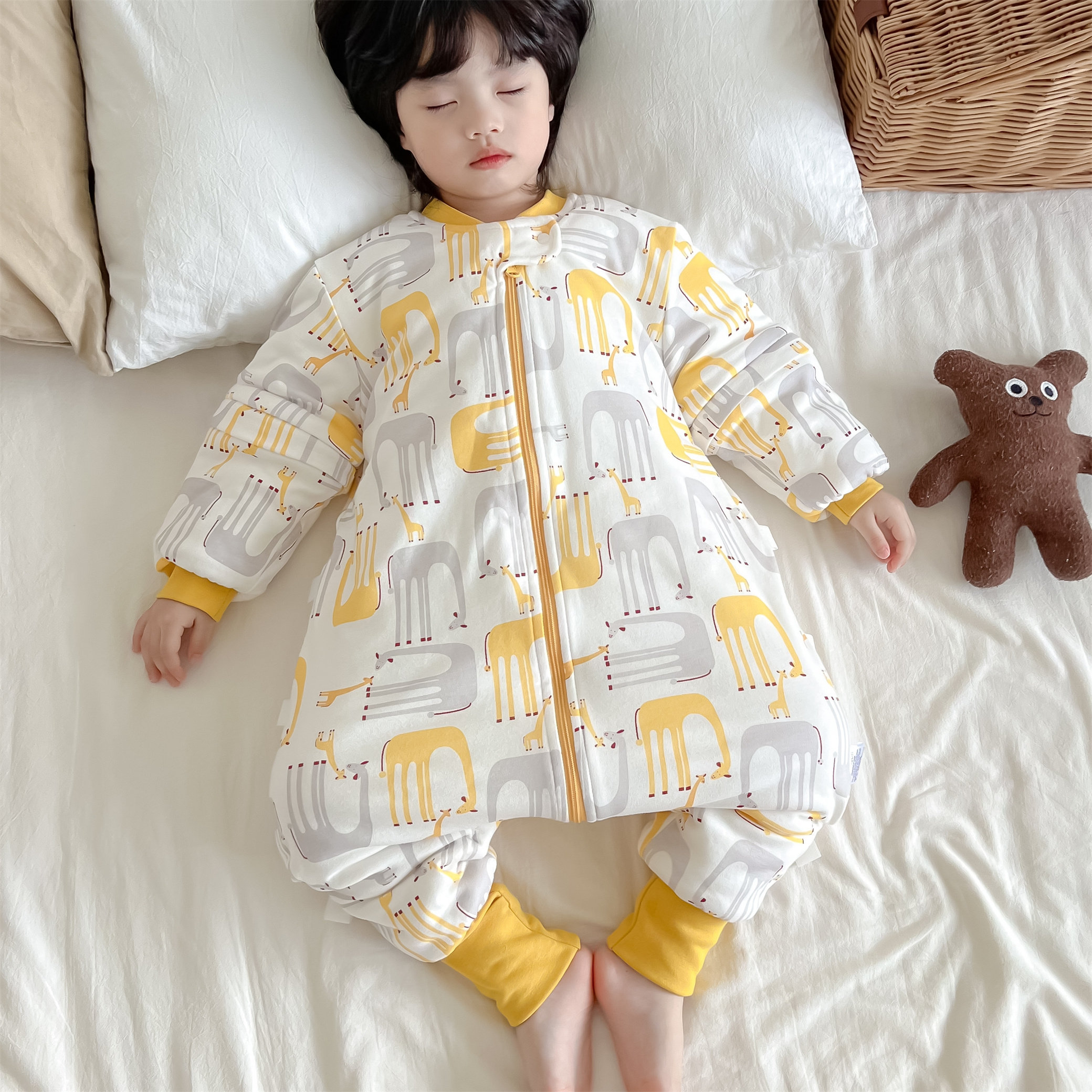 儿童秋冬分腿睡袋宝宝恒温夹棉加厚防踢被双层纯棉婴幼儿连体拆袖,淘宝优惠券,粉丝福利购,淘宝优惠卷