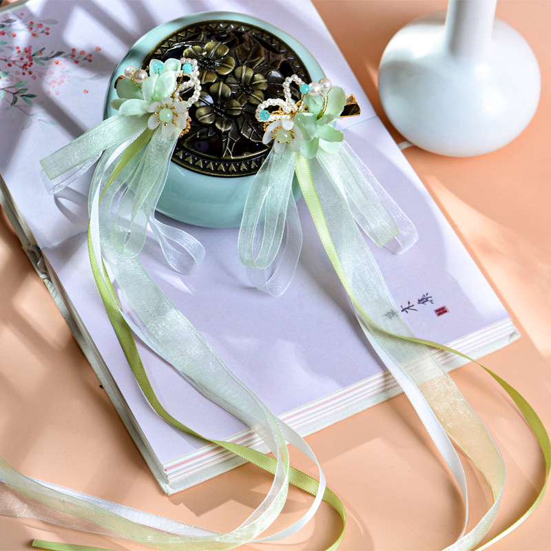 汉服绢花儿童头饰古风发饰宝宝头发卡国风绿色飘带发夹女童配饰品,淘宝优惠券,粉丝福利购,淘宝优惠卷