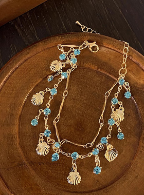 复古蓝色锆石贝壳双层项链