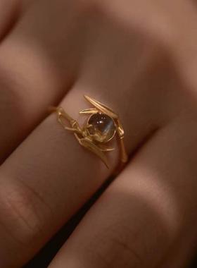 国风小众猫眼清透感竹叶戒指时尚轻奢金色in冷淡风竹子月光石戒指