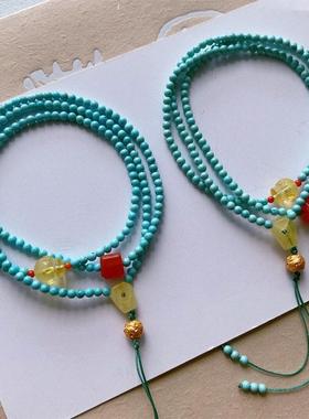 仿绿松石小米珠6mm多圈手链手工编织搭蜜蜡南红星球珠复古手串