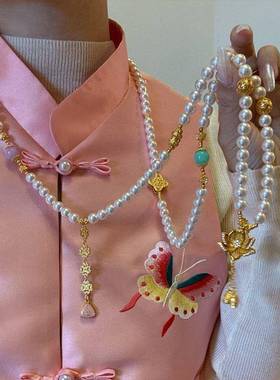 长款仿珍珠钱袋流苏项链新中式正圆冷白光多宝毛衣链气质斜跨链