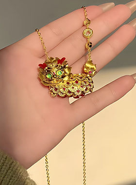 新中式18k金色麒麟吊坠项链镶钻招财国风瑞兽设计吉祥转运锁骨链