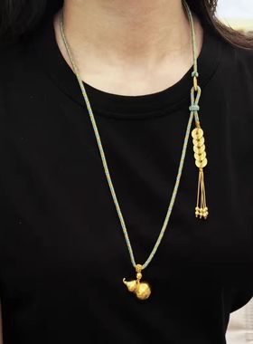 新中式禅意风项链古法金福禄葫芦如意锁金锁编绳八宝罗盘编织绳女