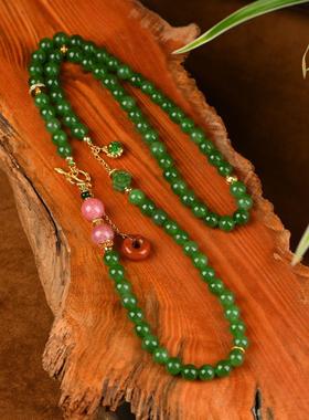 和田玉碧玉项链菠菜绿8mm圆珠玉石大气高档长款毛衣链挂件女