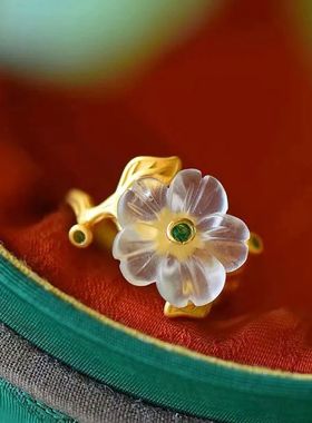 新中式戒指梨花雨凉古法金工艺银鎏镶嵌小清新复古韵莱茵石古风