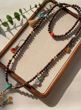 新中式长款香檀木金刚杵流苏项链小众设计复古民族风多宝斜挎链