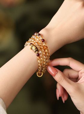新中式凤凰涅磐仿黄水晶手串女国风血珀琥珀多圈手链珠精致手饰