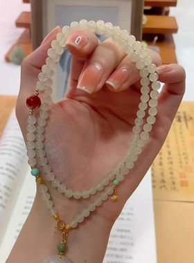 新中式仿和田玉项链女南红绿松石串珠毛衣链白玉挂链多用挂绳饰品