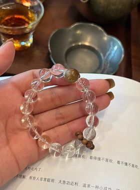 新中式仿白水晶手串男女款7A级纯净体白色手链国风沉香圆珠手饰