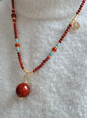 新中式小众设计南红小米珠项链吊坠锁骨项链万能毛衣链红玛瑙饰品