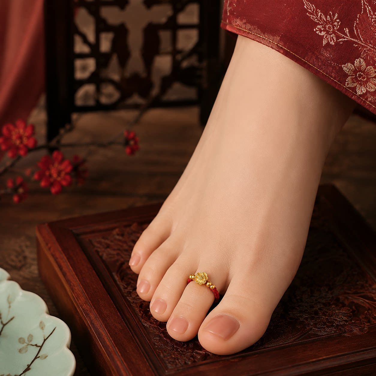 National style red rope golden flower toe ring braided adjustable foot ring new Chinese style Hanfu festive toe ring for women