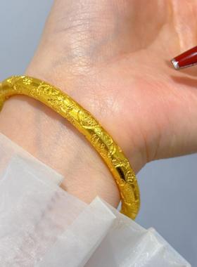古法金色吉言手镯女款实心闭口金黄色錾刻镯子小众复古风镯子