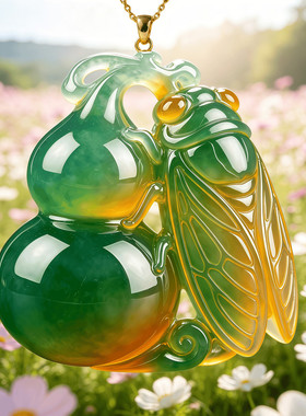 双色镂空葫芦蝉挂坠项链绿黄色渐变立体昆虫雕刻国风收藏锁骨链