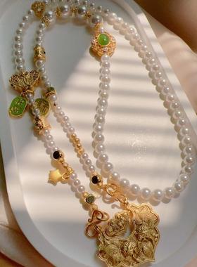 古法錾刻锦鲤锁仿珍珠项链中式穿搭宫廷超仙长款招财纳福新毛衣链