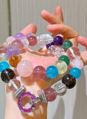 新中式超大颗仿紫水晶柠檬黄晶白水晶天河石多宝项链女高级感饰品