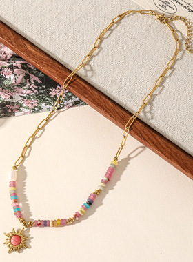 春日暖阳 天然石彩珠太阳吊坠项链女小众设计感多巴胺锁骨链货源