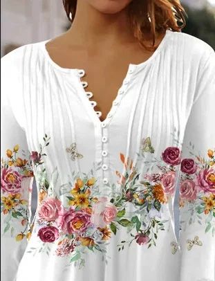 V-neck Printed Button Waist Cropped Top T-shirt Women Shirt - 图0