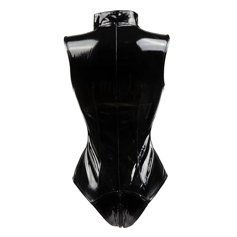 Black Crotch Zipper Sleeveless Sexy Spandex Bodysuit Leather-图1