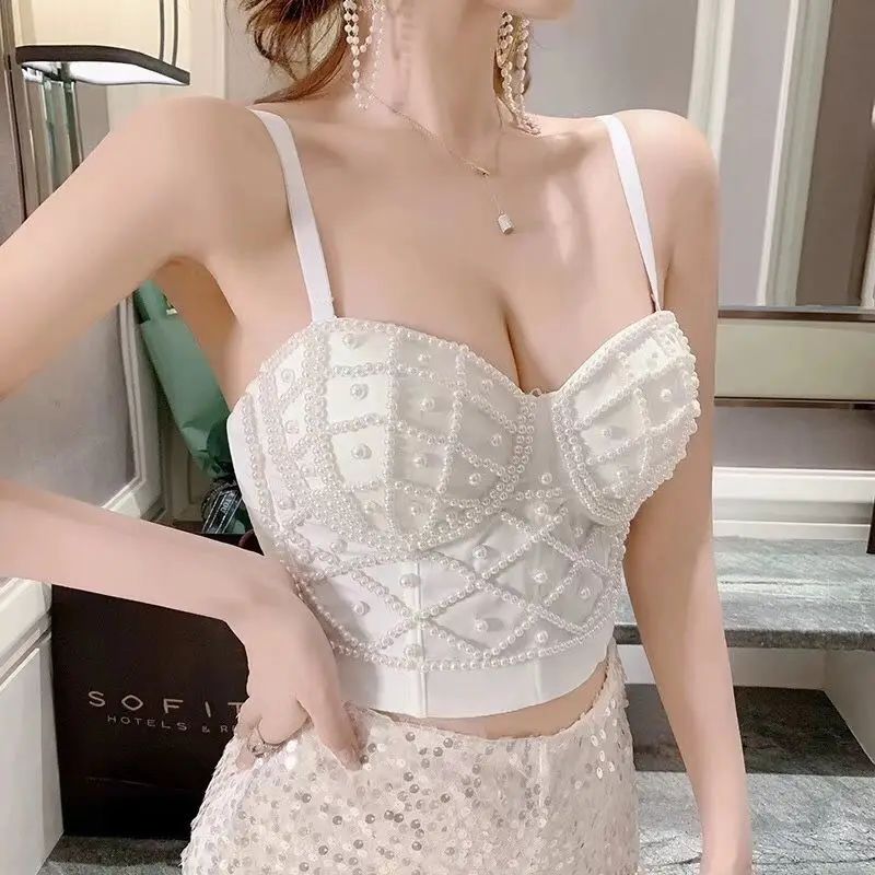 Full Beads Female Corset Top Camis Nightclub Pearls Short Ch-图3