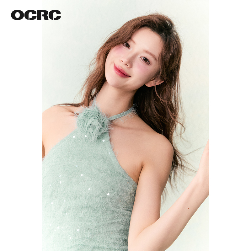 OCRC Official 气质千金风挂脖连衣裙女带闪流苏感面料甜美风裙子 - 图2